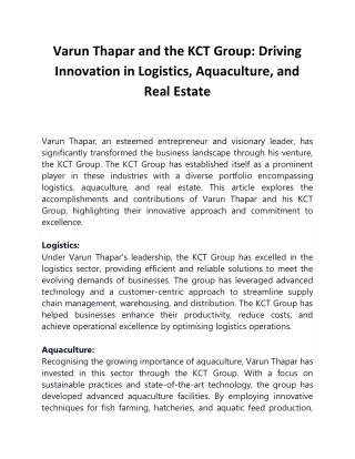 Varun Thapar and the KCT Group- Driving Innovation in Logistics Aquaculture and Real Estate