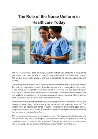 The Role of the Nurse Uniform in Healthcare Today