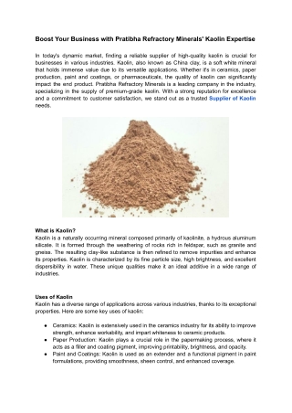 Boost Your Business with Pratibha Refractory Minerals' Kaolin Expertise