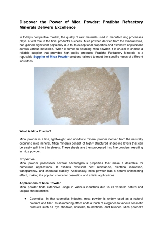 Discover the Power of Mica Powder: Pratibha Refractory Minerals Delivers Excelle