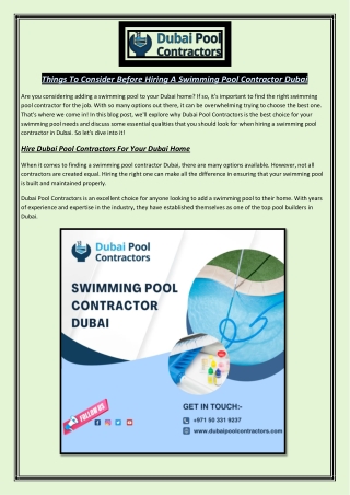 Things To Consider Before Hiring A Swimming Pool Contractor Dubai