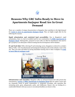 Reasons Why GRC Infra Ready to Move in Apartments Sarjapur Road Are In Great Demand