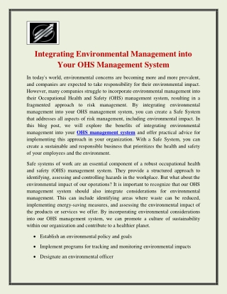 Integrating Environmental Management into Your OHS Management System