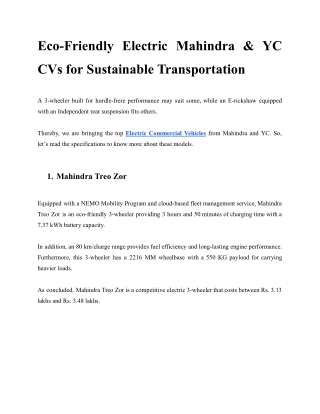 Eco-Friendly Electric Mahindra & YC CVs for Sustainable Transportation