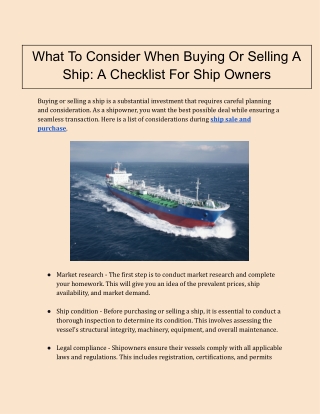 What To Consider When Buying Or Selling A Ship: A Checklist For Ship Owners