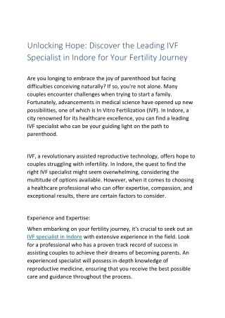 Unlocking Hope: Discover the Leading IVF Specialist in Indore for Your Fertility