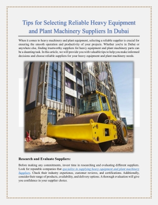 Tips for Selecting Reliable Heavy Equipment and Plant Machinery Suppliers In Dubai