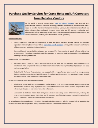 Purchase Quality Services for Crane Hoist and Lift Operators from Reliable Vendors