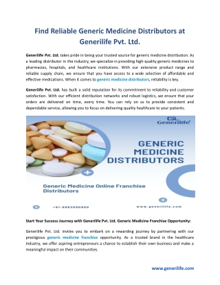 Find Reliable Generic Medicine Distributors at Generilife Pvt. Ltd.