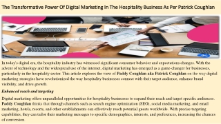 The Transformative Power Of Digital Marketing In The Hospitality Business As Per Patrick Coughlan