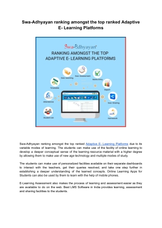 Swa-Adhyayan ranking amongst the top ranked Adaptive E- Learning Platforms