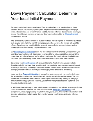 Down Payment Calculator: Determine Your Ideal Initial Payment