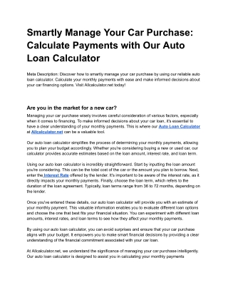 Smartly Manage Your Car Purchase Calculate Payments with Our Auto Loan Calculator