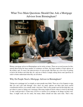 What Two Main Questions Should One Ask a Mortgage Advisor from Birmingham?