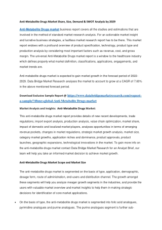 Anti-Metabolite Drugs Market Share, Size, Demand & SWOT Analysis by 2029