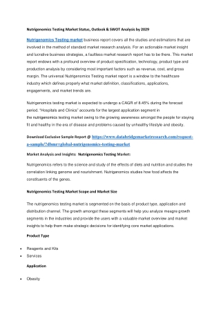Nutrigenomics Testing Market Status, Outlook & SWOT Analysis by 2029