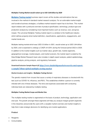 Multiplex Testing Market would rocket up to USD 3.84 billion by 2029