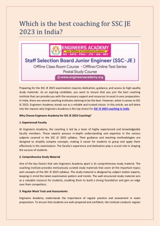 Which is the best coaching for SSC JE 2023 in India