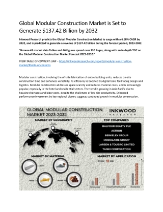 Global Modular Construction Market is Set to Generate 137.42 Billion by 2032