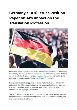 Germany’s BDÜ Issues Position Paper on AI’s Impact on the Translation Profession