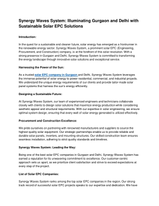 Synergy Waves System: Illuminating Gurgaon and Delhi with Sustainable Solar EPC