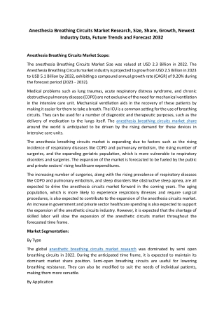 Anesthesia Breathing Circuits Market Share, Development Status, Analysis