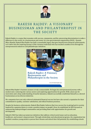 Rakesh Rajdev A Visionary Businessman and Philanthropist in the society