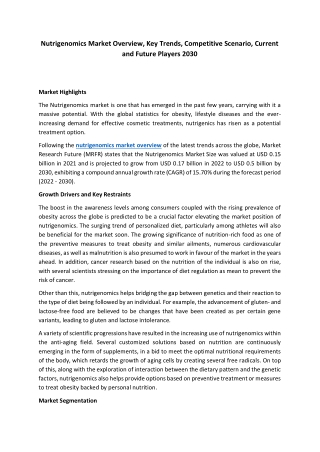 Nutrigenomics Market Outlook, Demand, Business Strategies, Current Trends