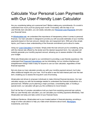 Calculate Your Personal Loan Payments with Our User-Friendly Loan Calculator