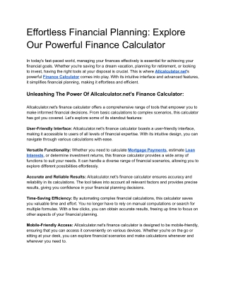 Effortless Financial Planning: Explore Our Powerful Finance Calculator