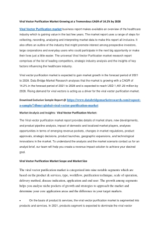 Viral Vector Purification Market Growing at a Tremendous CAGR of 14.2 by 2028