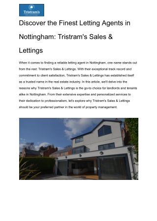 Discover the Finest Letting Agents in Nottingham_ Tristram's Sales & Lettings