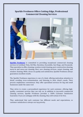 Sparkle Freshness Offers Cutting-Edge, Professional Commercial Cleaning Services