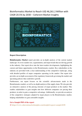 Bioinformatics Market to Reach US$ 46,261.2 Million with CAGR 20.5% by 2030