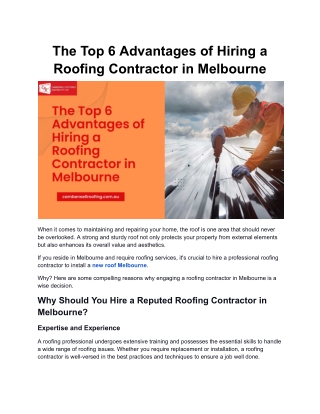 The Top 6 Advantages of Hiring a Roofing Contractor in Melbourne