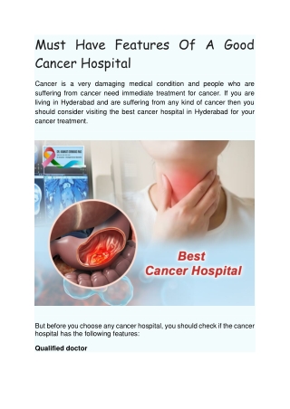 Must Have Features Of A Good Cancer Hospital