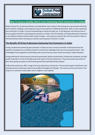 How To Ensure Quality Work From Swimming Pool Contractors In Dubai