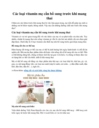 Các loại vitamin mẹ cần bổ sung trước khi mang thai