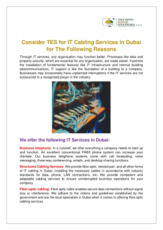 Consider TES for IT Cabling Services in Dubai for The Following Reasons