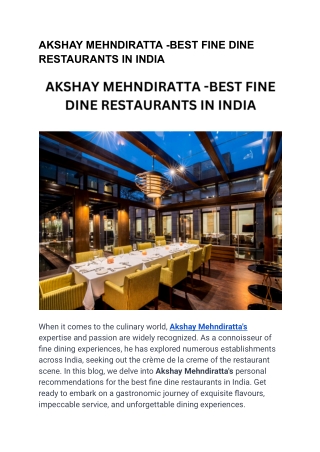 AKSHAY MEHNDIRATTA -BEST FINE DINE RESTAURANTS IN INDIA