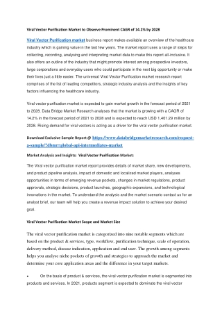 Viral Vector Purification Market to Observe Prominent CAGR of 14.2 by 2028