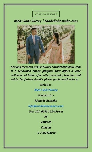 Mens Suits Surrey  Modellobespoke