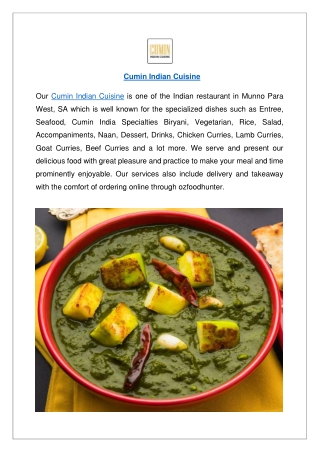 Up to 10% off order now - Cumin Indian Cuisine menu