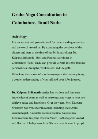 1. Graha Yoga Consultation - Dr. Kalpana Srikaanth Astrologer