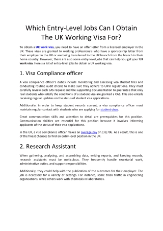 Which Entry-Level Jobs Can I Obtain The UK Working Visa For ?