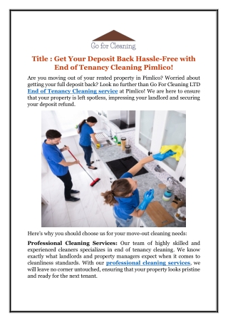 Get Your Deposit Back Hassle-Free with End of Tenancy Cleaning Pimlico!
