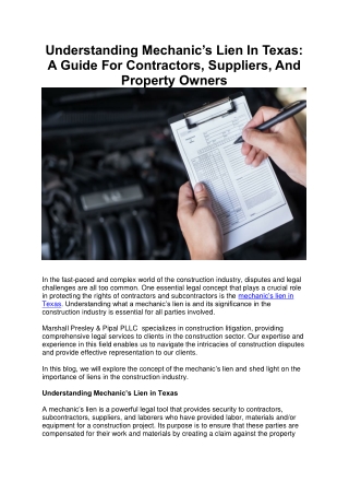 Understanding Mechanic’s Lien In Texas- A Guide For Contractors, Suppliers, And Property Owners