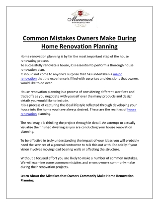 Common Mistakes Owners Make During Home Renovation Planning