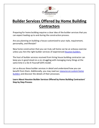 Builder Services Offered by Home Building Contractors