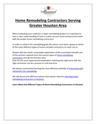 Home Remodeling Contractors Serving Greater Houston Area